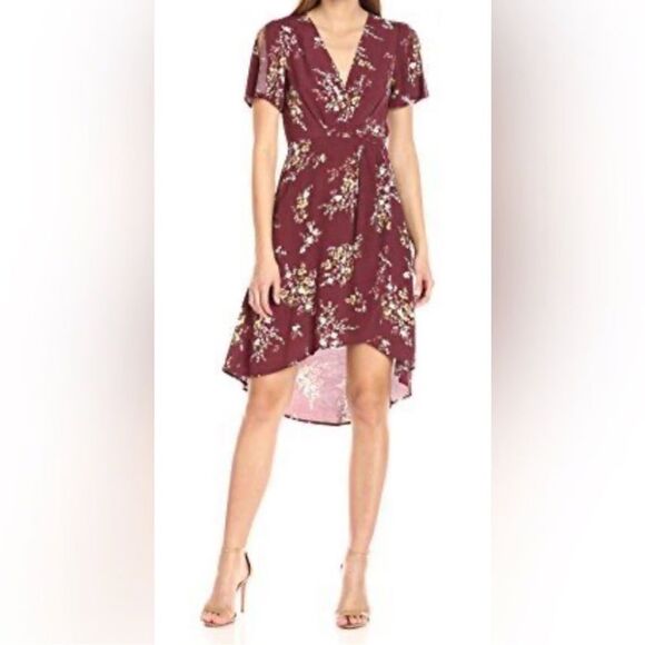 ASTR The Label Wrap Midi Dress Size XS Floral Burgundy Wrap Dress - Picture 1 of 9